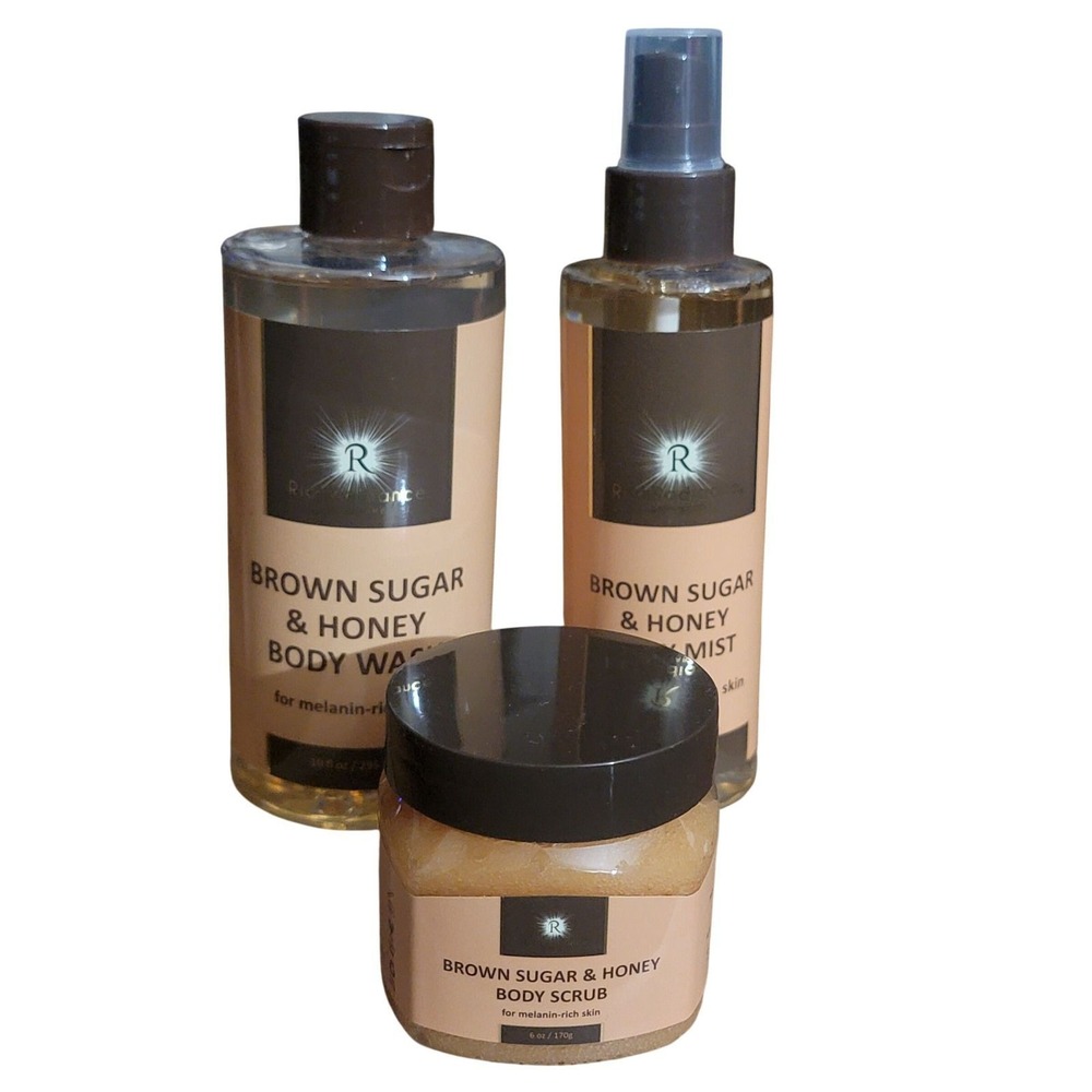 Rich Radiance Brown Sugar & Honey Skincare Set Body Wash Scrub Mist 3pc New - Picture 2 of 4